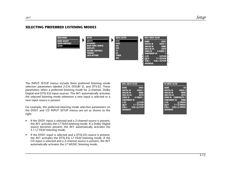 Selecting preferred listening modes -13, Setup, Selecting preferred listening modes | JBL AV1 User Manual | Page 51 / 160