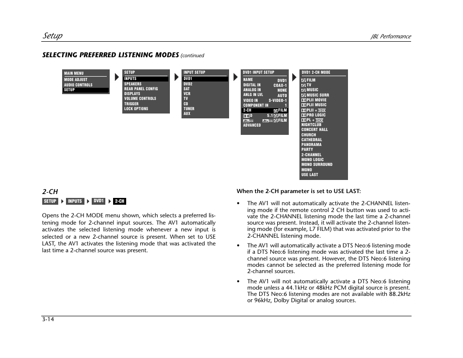 Setup, Selecting preferred listening modes | JBL AV1 User Manual | Page 52 / 160