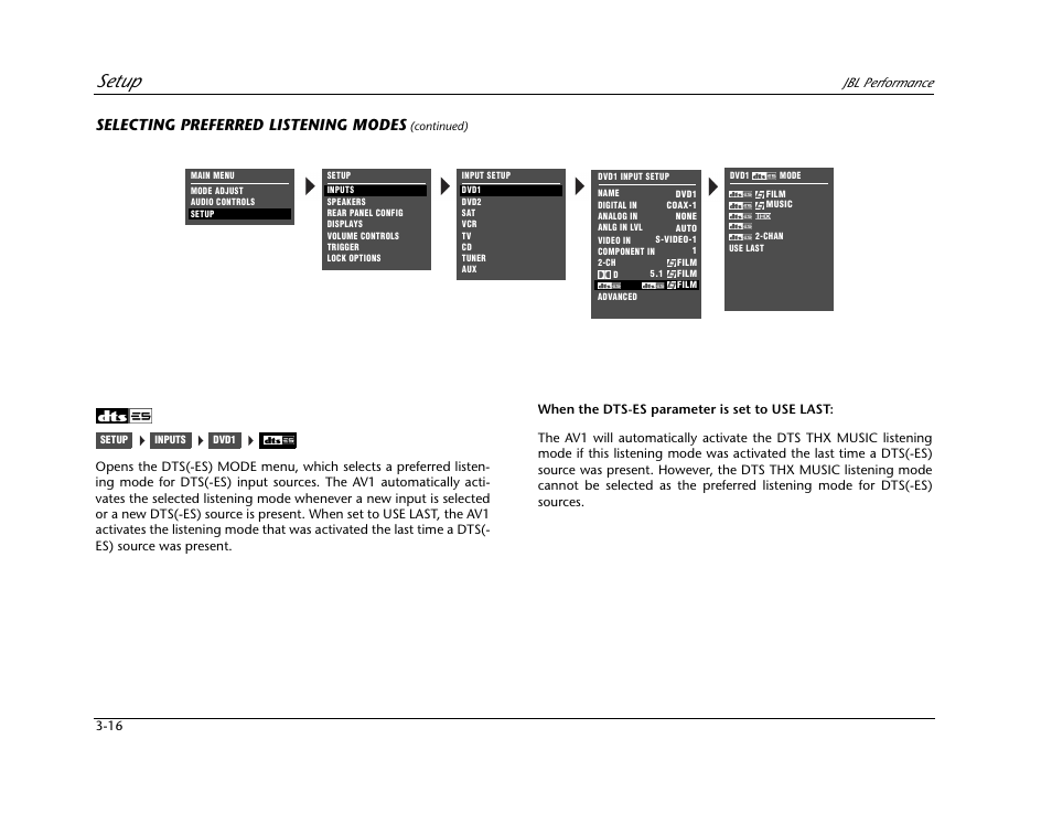 Setup, Selecting preferred listening modes | JBL AV1 User Manual | Page 54 / 160