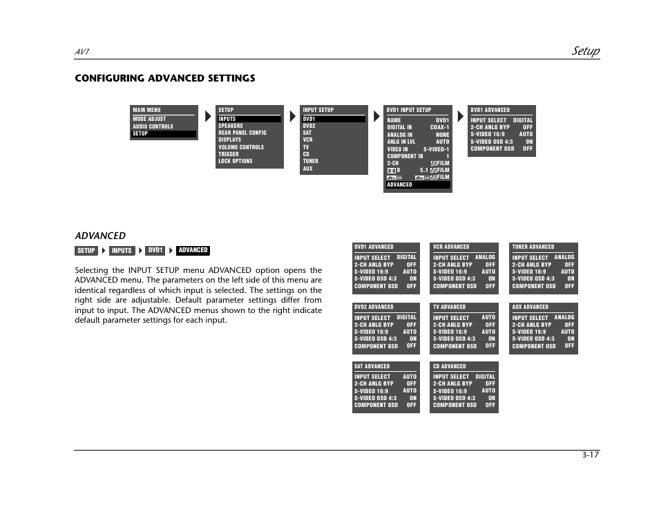 Configuring advanced settings -17, Setup, Configuring advanced settings advanced | JBL AV1 User Manual | Page 55 / 160