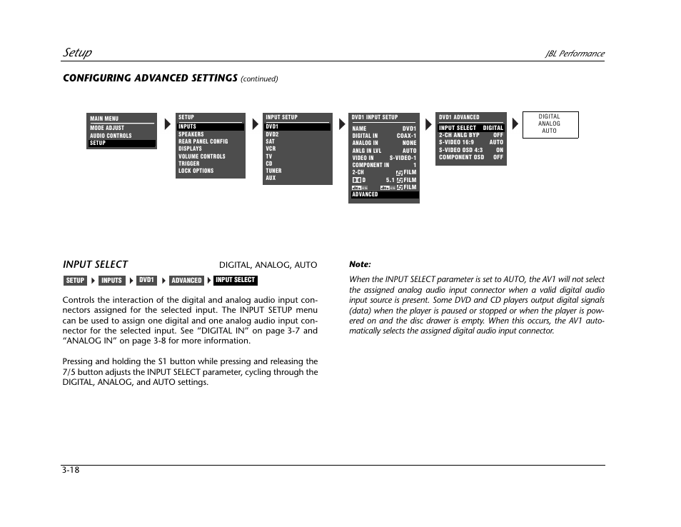 Setup, Configuring advanced settings, Input select | JBL AV1 User Manual | Page 56 / 160