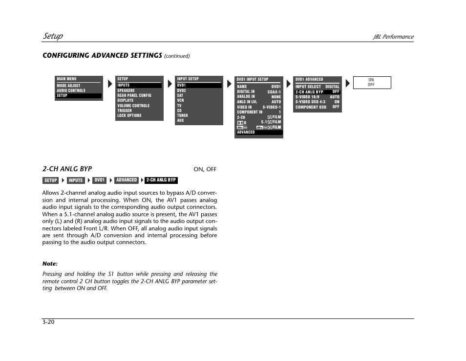 Setup, Configuring advanced settings, Ch anlg byp | JBL AV1 User Manual | Page 58 / 160