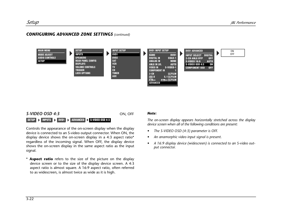 Setup, Configuring advanced zone settings, S-video osd 4:3 | JBL AV1 User Manual | Page 60 / 160