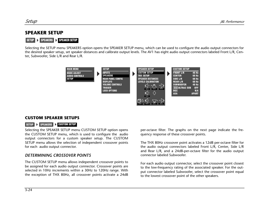 Speaker setup -24, Custom speaker setups -24, Setup | Speaker setup, Custom speaker setups, Determining crossover points, Jbl performance | JBL AV1 User Manual | Page 62 / 160