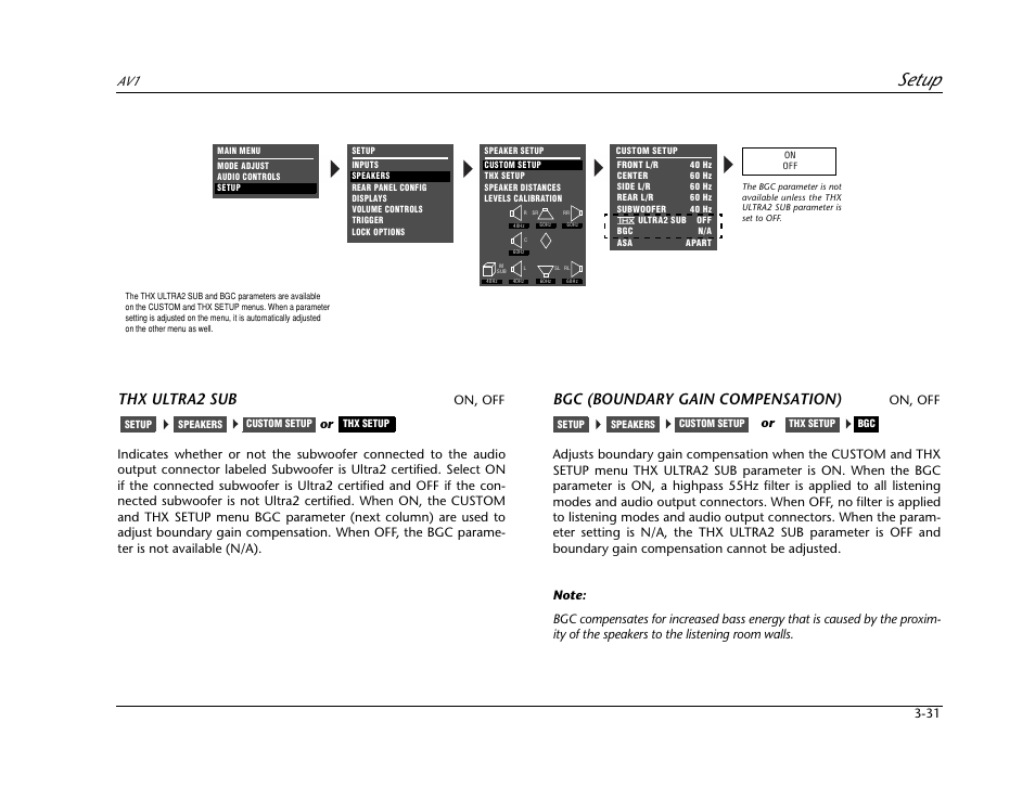 Setup, Thx ultra2 sub, Bgc (boundary gain compensation) | JBL AV1 User Manual | Page 69 / 160