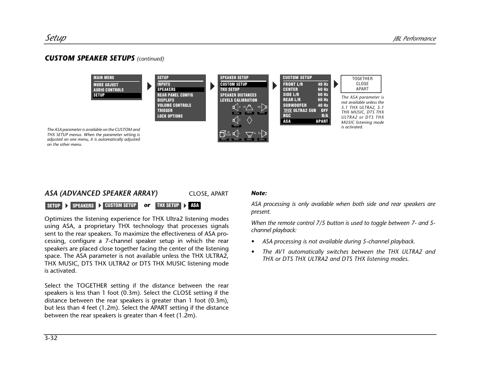 Setup, Custom speaker setups, Asa (advanced speaker array) | Jbl performance | JBL AV1 User Manual | Page 70 / 160