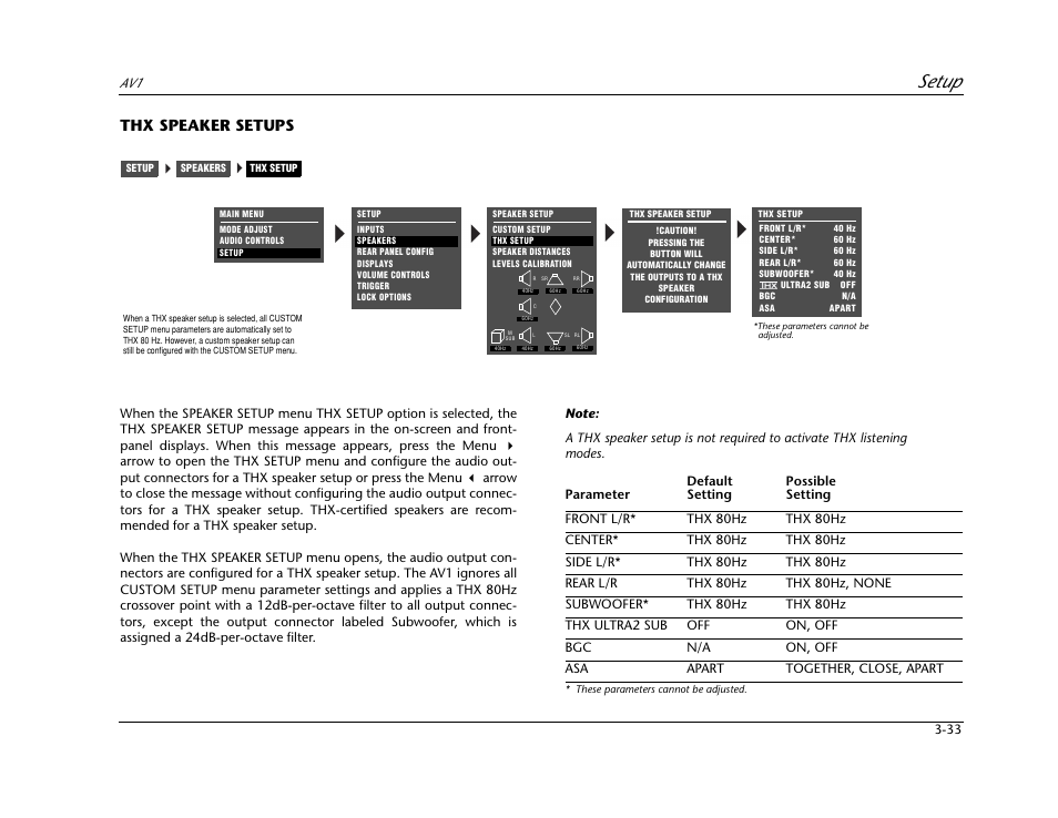 Thx speaker setups -33, Setup, Thx speaker setups | JBL AV1 User Manual | Page 71 / 160