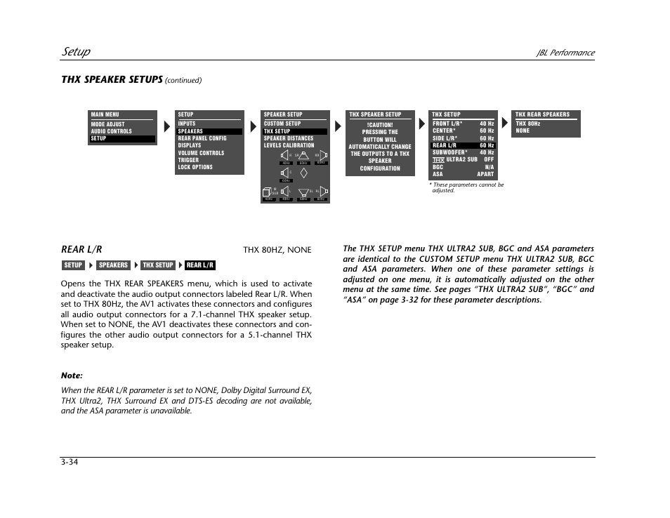 Setup, Thx speaker setups, Rear l/r | Jbl performance | JBL AV1 User Manual | Page 72 / 160