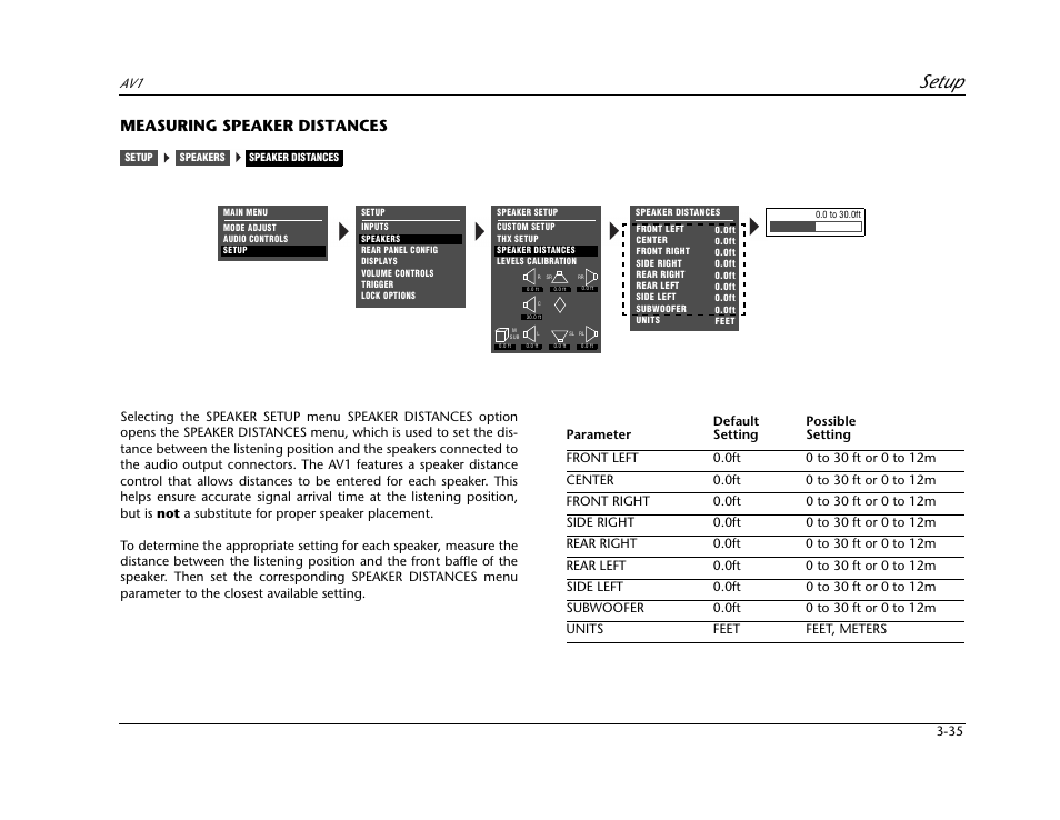 Measuring speaker distances -35, Setup, Measuring speaker distances | JBL AV1 User Manual | Page 73 / 160