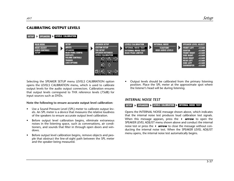 Calibrating output levels -37, Setup, Calibrating output levels | Internal noise test | JBL AV1 User Manual | Page 75 / 160