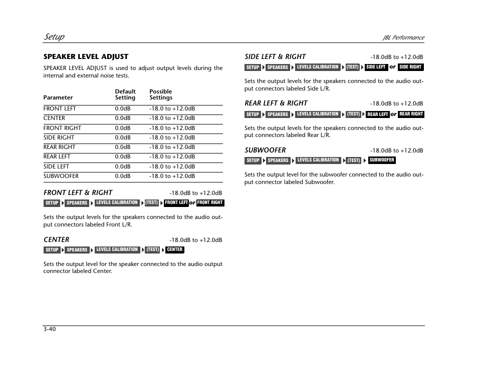 Speaker level adjust -40, Setup | JBL AV1 User Manual | Page 78 / 160