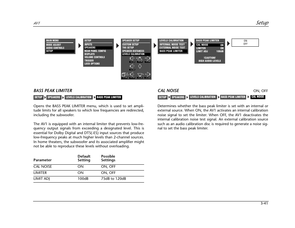 Setup, Bass peak limiter, Cal noise | JBL AV1 User Manual | Page 79 / 160