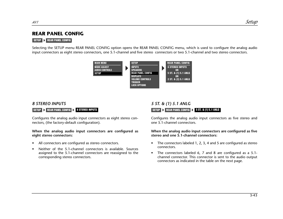 Rear panel config -43, Setup, Rear panel config | 8 stereo inputs, 5 st. & (1) 5.1 anlg | JBL AV1 User Manual | Page 81 / 160