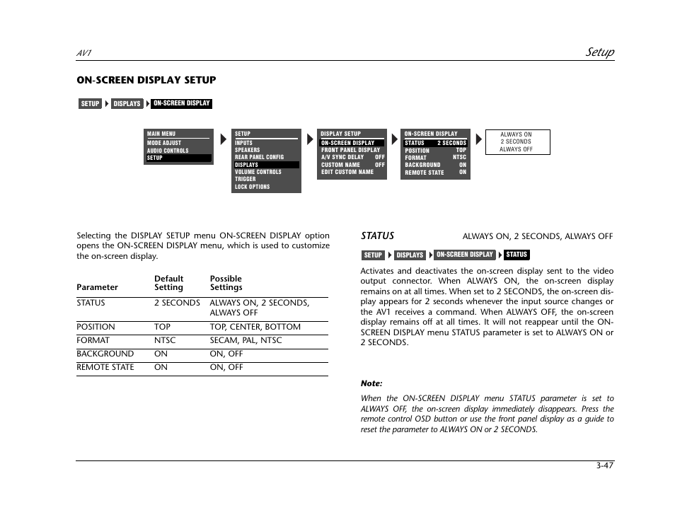 On-screen display setup -47, Setup, On-screen display setup | Status | JBL AV1 User Manual | Page 85 / 160