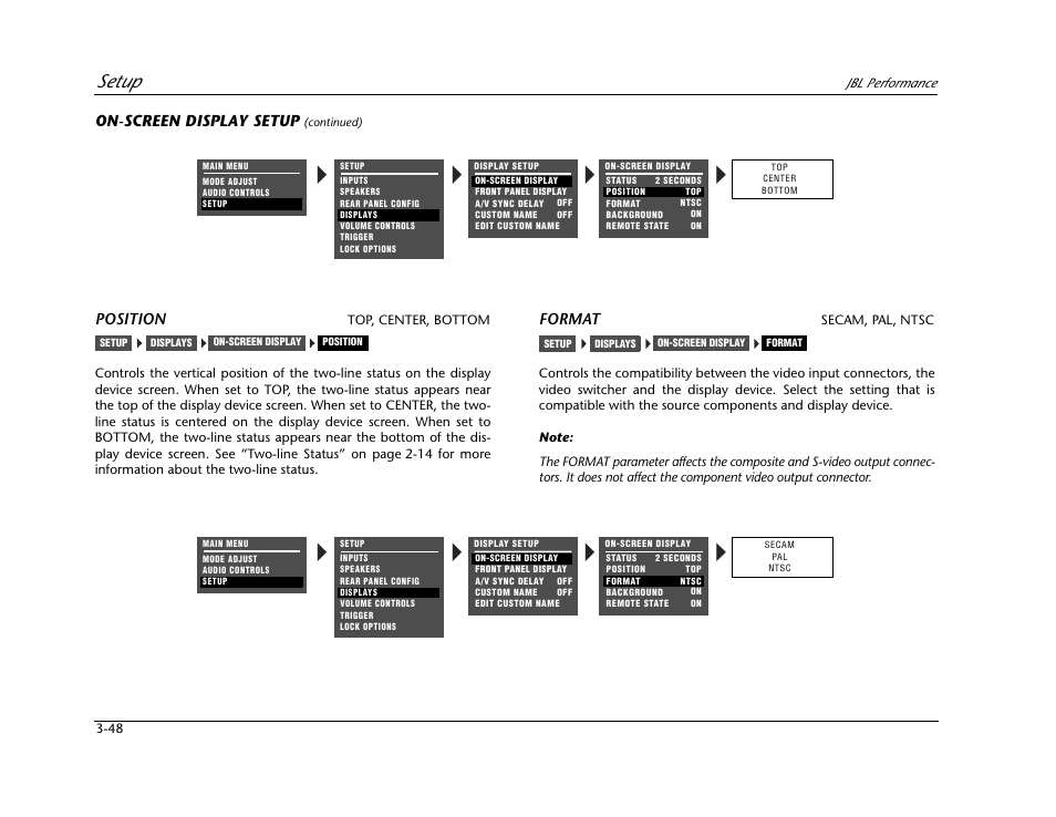 Setup, On-screen display setup, Position | Format | JBL AV1 User Manual | Page 86 / 160