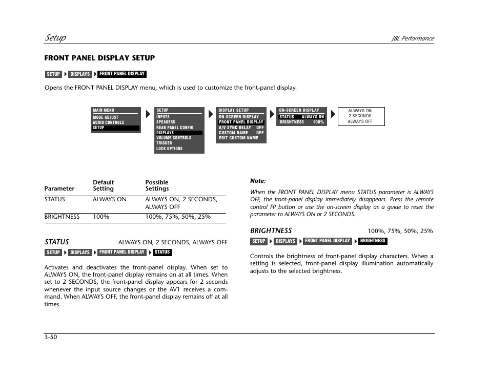 Front panel display setup -50, Setup, Front panel display setup status | Brightness | JBL AV1 User Manual | Page 88 / 160