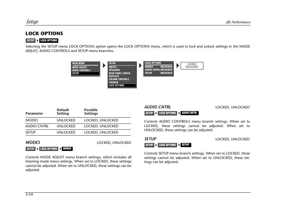 Lock options -54, Setup, Lock options | Modes, Audio cntrl | JBL AV1 User Manual | Page 92 / 160