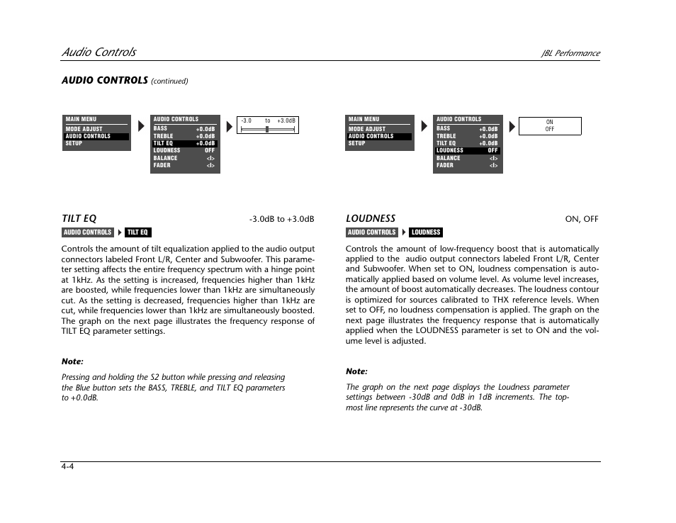 Audio controls, Tilt eq, Loudness | JBL AV1 User Manual | Page 96 / 160