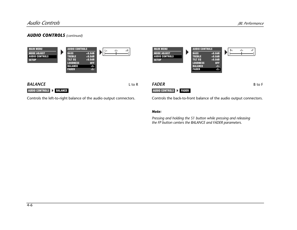 Audio controls, Balance, Fader | JBL AV1 User Manual | Page 98 / 160