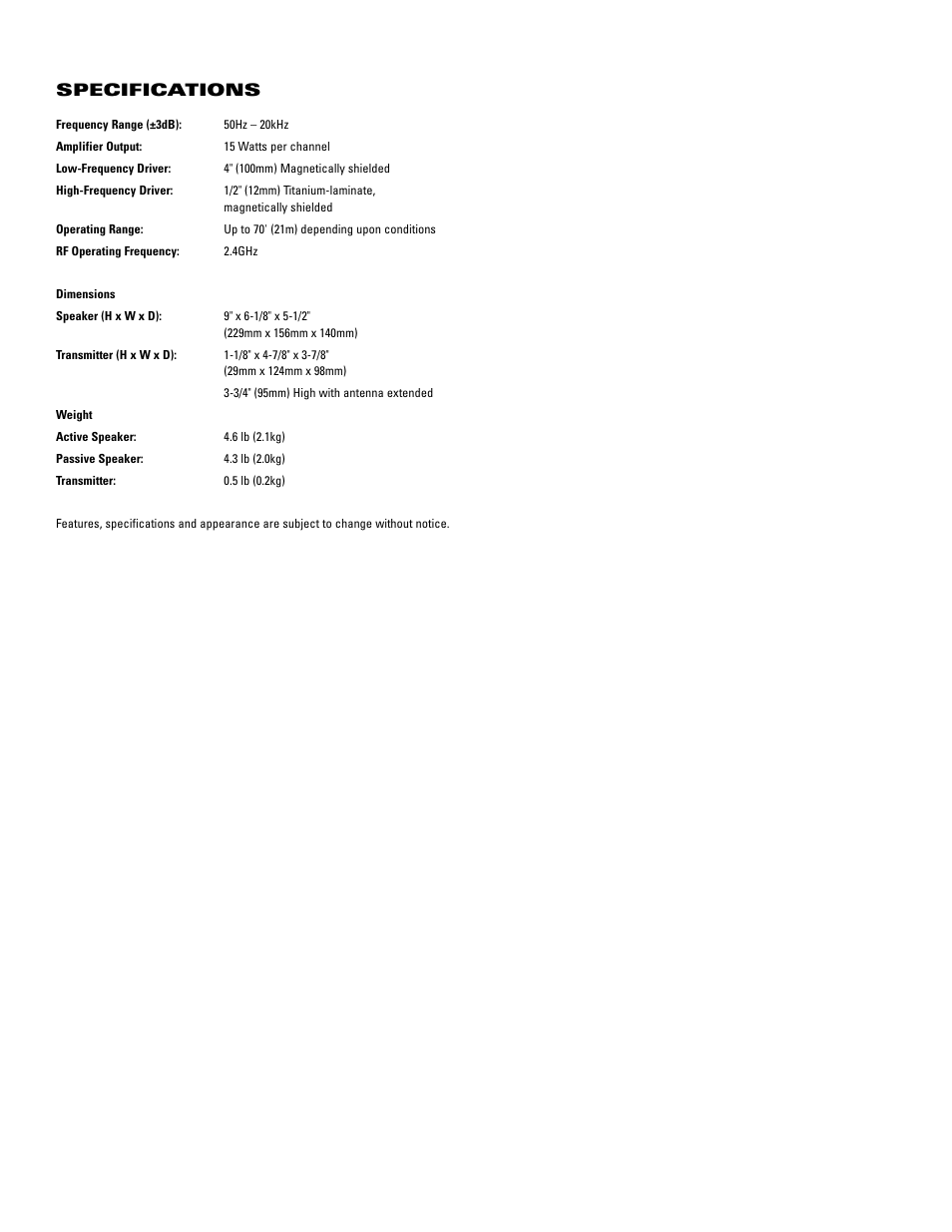 Specifications | JBL 2.4G User Manual | Page 11 / 12