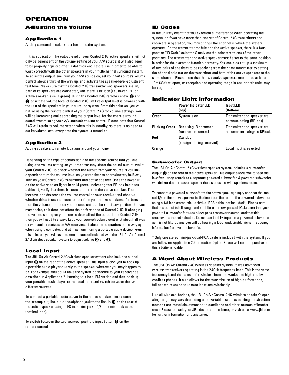 Operation | JBL 2.4G User Manual | Page 8 / 12