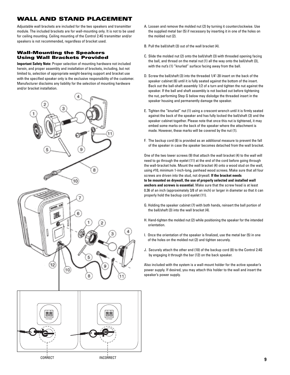 Wall and stand placement | JBL 2.4G User Manual | Page 9 / 12