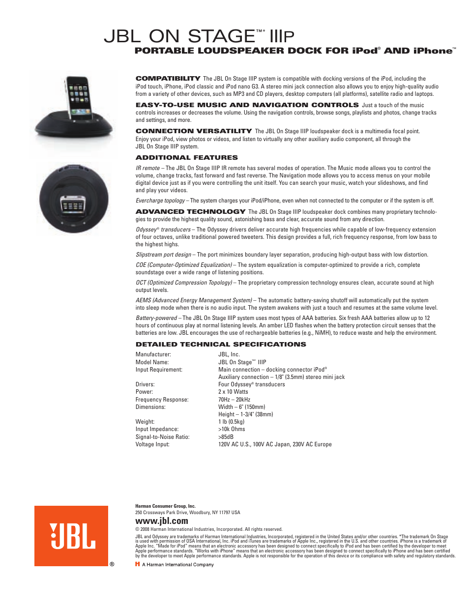 Jbl on stage, Portable loudspeaker dock for ipod | JBL IIIP User Manual | Page 2 / 2