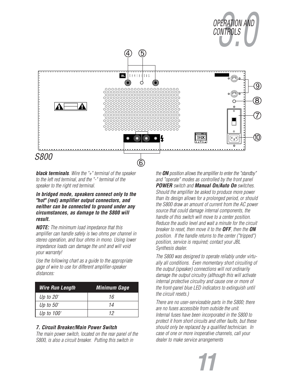 Operation and controls, S800, Wire run length rec. ga | JBL S800 User Manual | Page 12 / 24