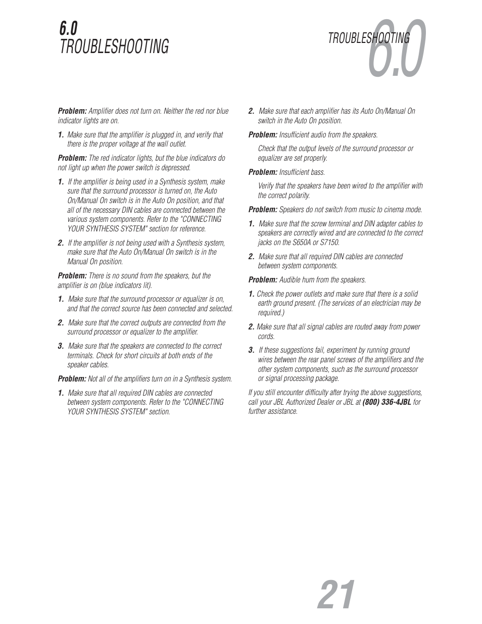 0 troubleshooting, Troubleshooting | JBL S800 User Manual | Page 22 / 24