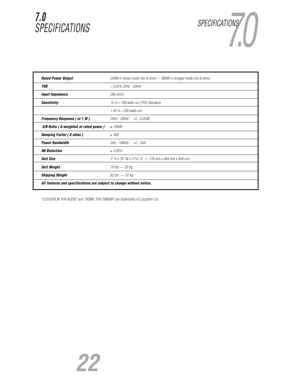 0 specifications, Specifications | JBL S800 User Manual | Page 23 / 24