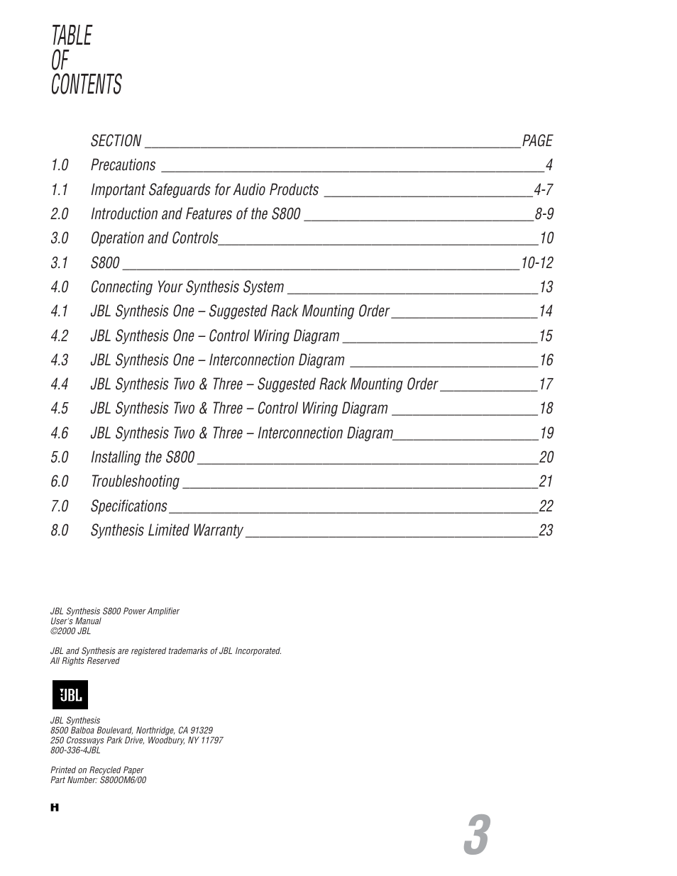 JBL S800 User Manual | Page 3 / 24