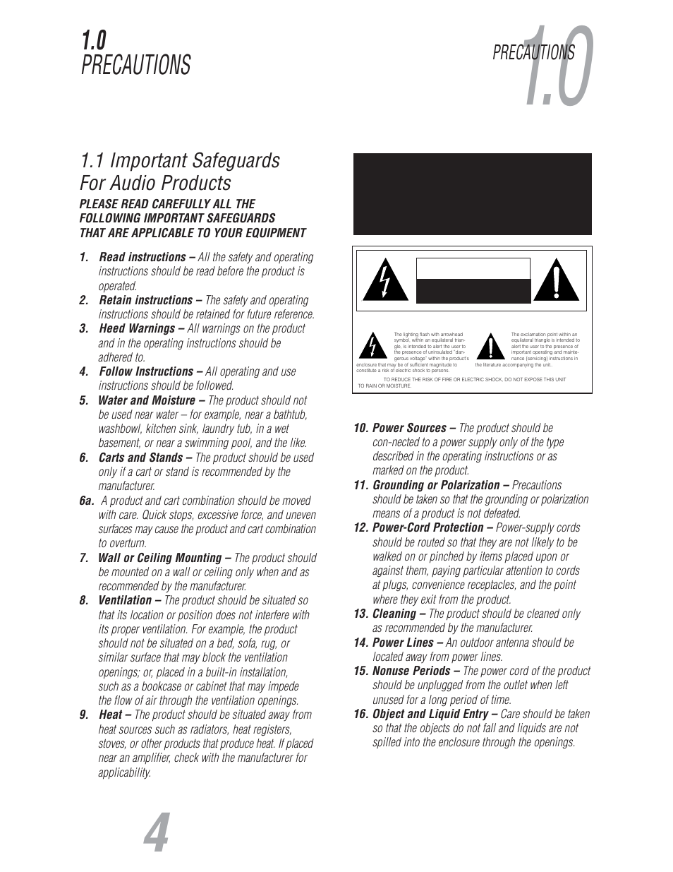 0 precautions, 1 important safeguards for audio products, Precautions | JBL S800 User Manual | Page 4 / 24