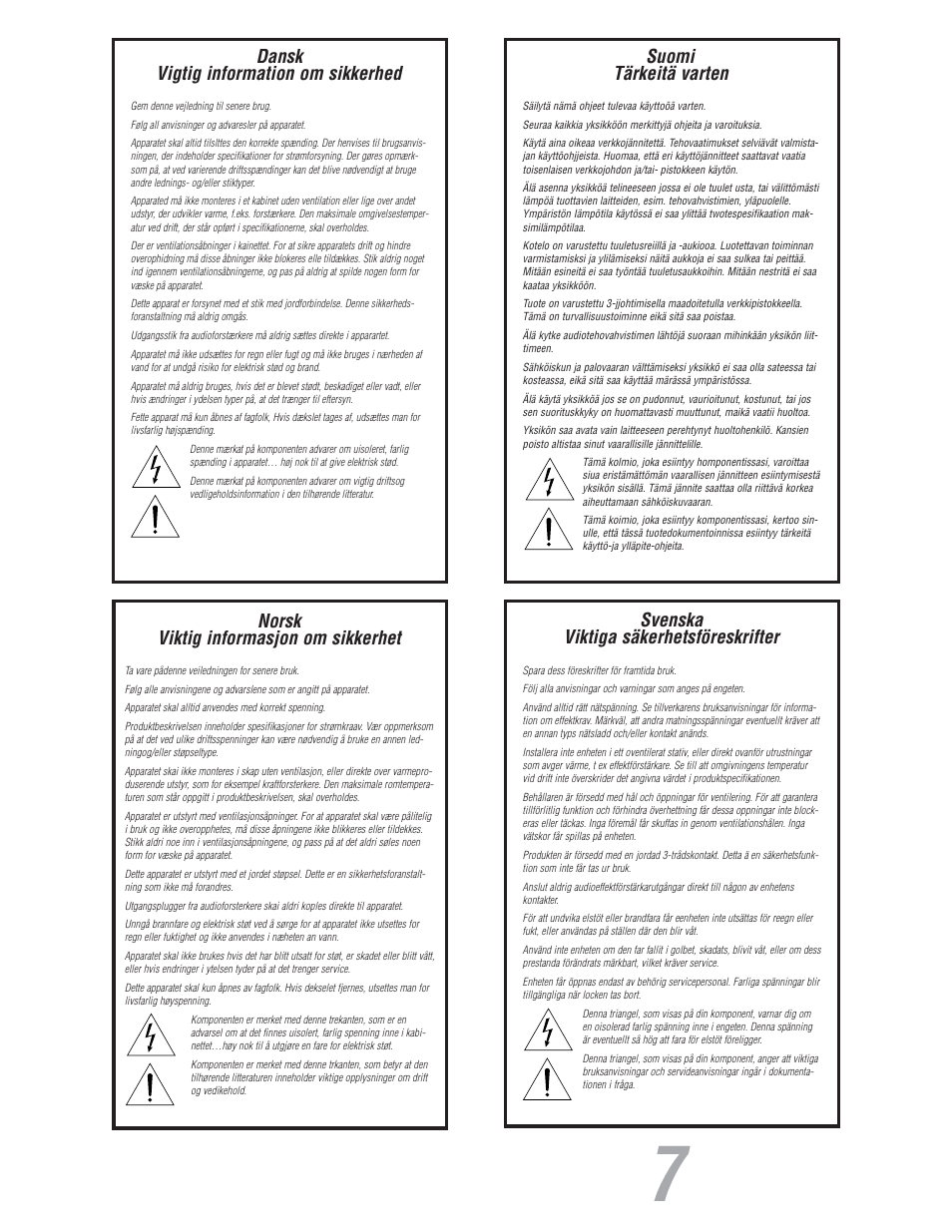 Dansk vigtig information om sikkerhed, Suomi tärkeitä varten, Norsk viktig informasjon om sikkerhet | Svenska viktiga säkerhetsföreskrifter | JBL S800 User Manual | Page 8 / 24