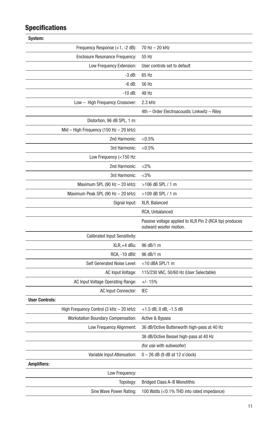 Speciﬁcations | JBL LSR6312SP User Manual | Page 11 / 18