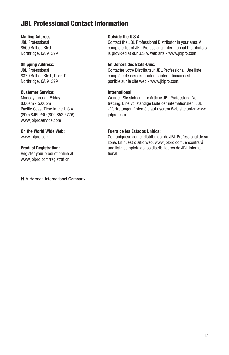 Jbl professional contact information | JBL LSR6312SP User Manual | Page 17 / 18