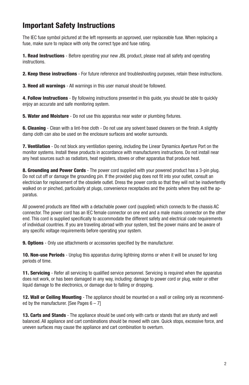 Important safety instructions | JBL LSR6312SP User Manual | Page 2 / 18