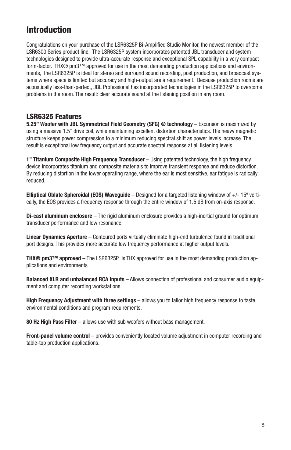 Introduction, Lsr6325 features | JBL LSR6312SP User Manual | Page 5 / 18