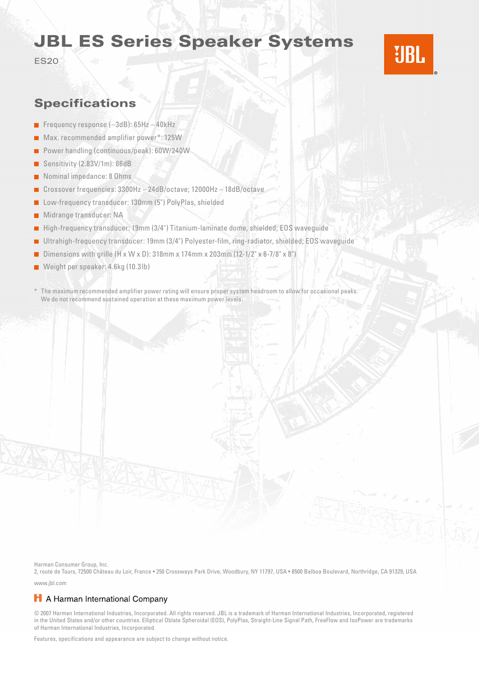 Jbl es series speaker systems, Specifications | JBL ES20 User Manual | Page 2 / 2