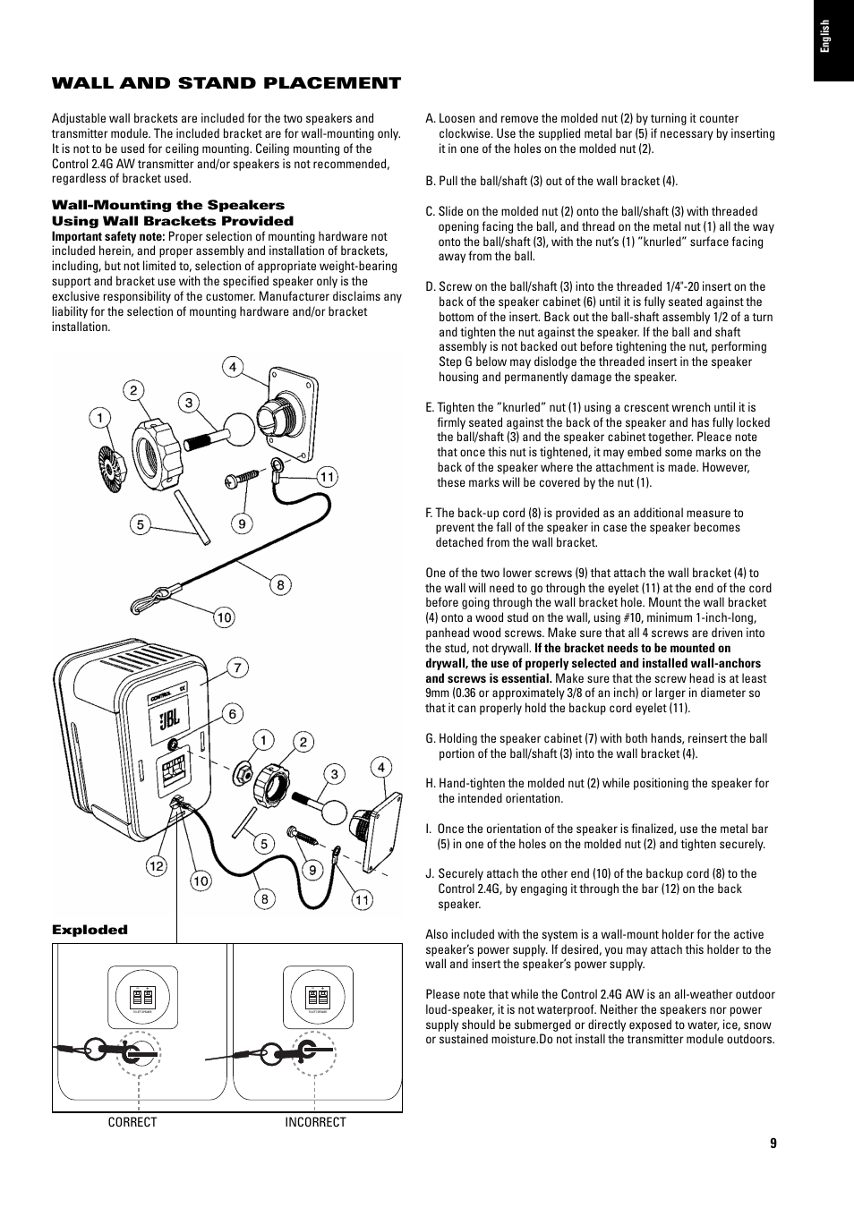 Wall and stand placement | JBL 2.4G AW User Manual | Page 9 / 12