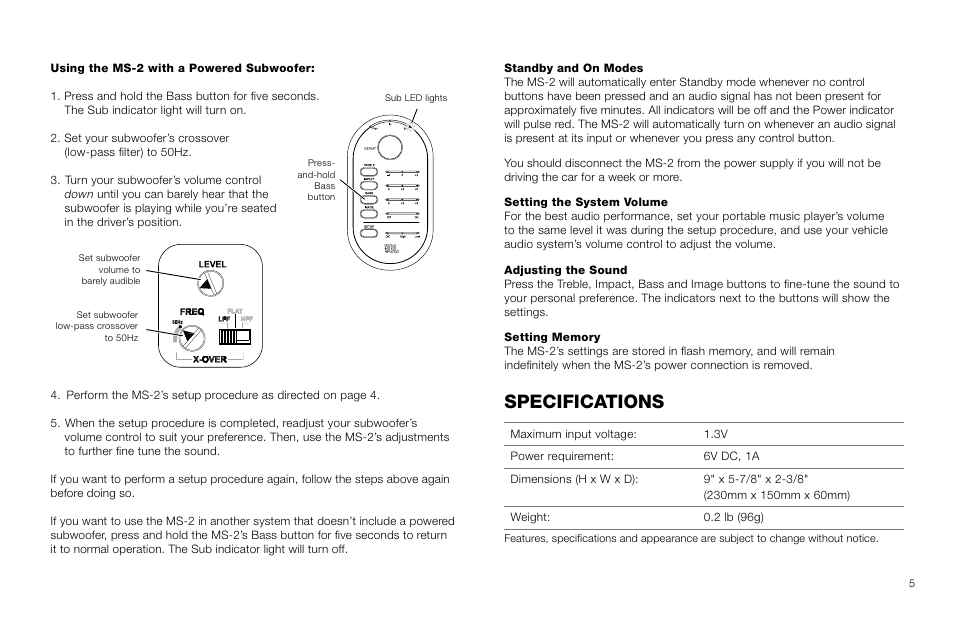 Specifications | JBL PROCOUSTICS MS-2 User Manual | Page 5 / 6