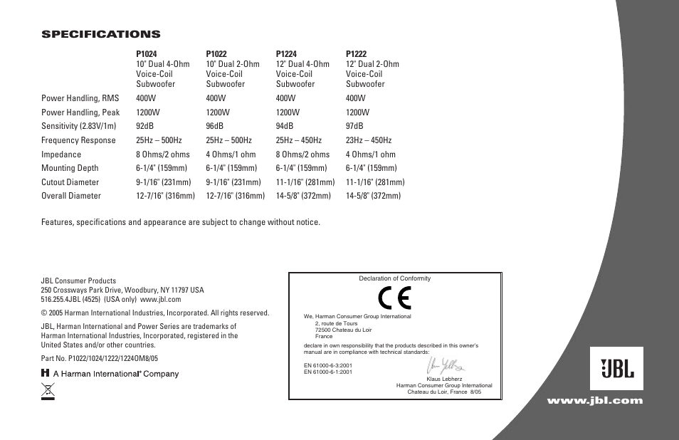 JBL P1224 User Manual | Page 4 / 4