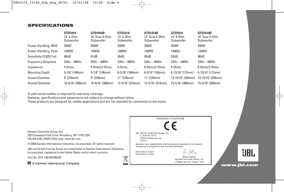 JBL Grand Touring GTO1514D User Manual | Page 4 / 4