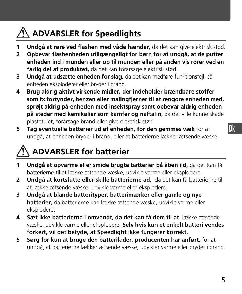 Advarsler for speedlights, Advarsler for batterier | Nikon Speedlite SB-400 User Manual | Page 126 / 218