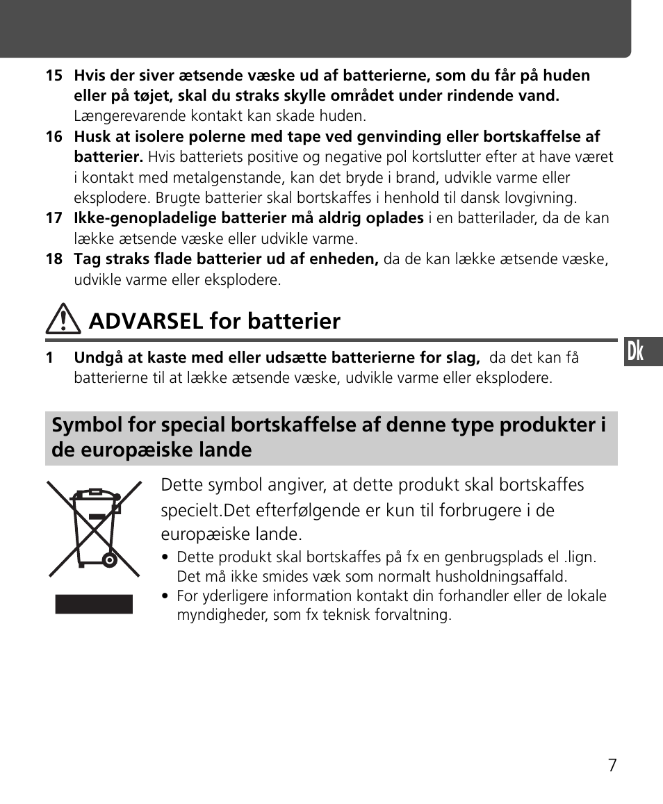 Advarsel for batterier | Nikon Speedlite SB-400 User Manual | Page 128 / 218