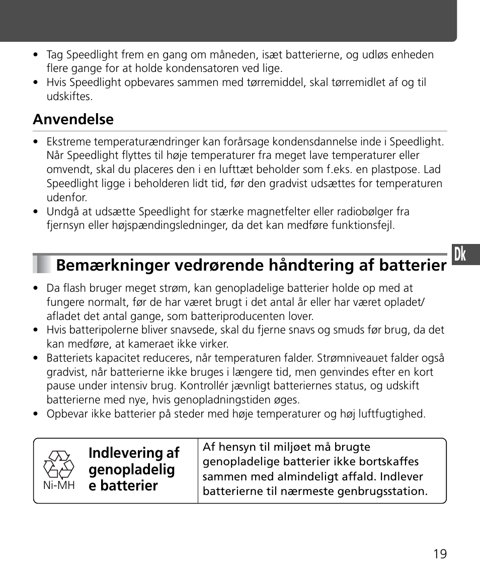 Bemærkninger vedrørende håndtering af batterier, Anvendelse, Indlevering af genopladelig e batterier | Nikon Speedlite SB-400 User Manual | Page 140 / 218