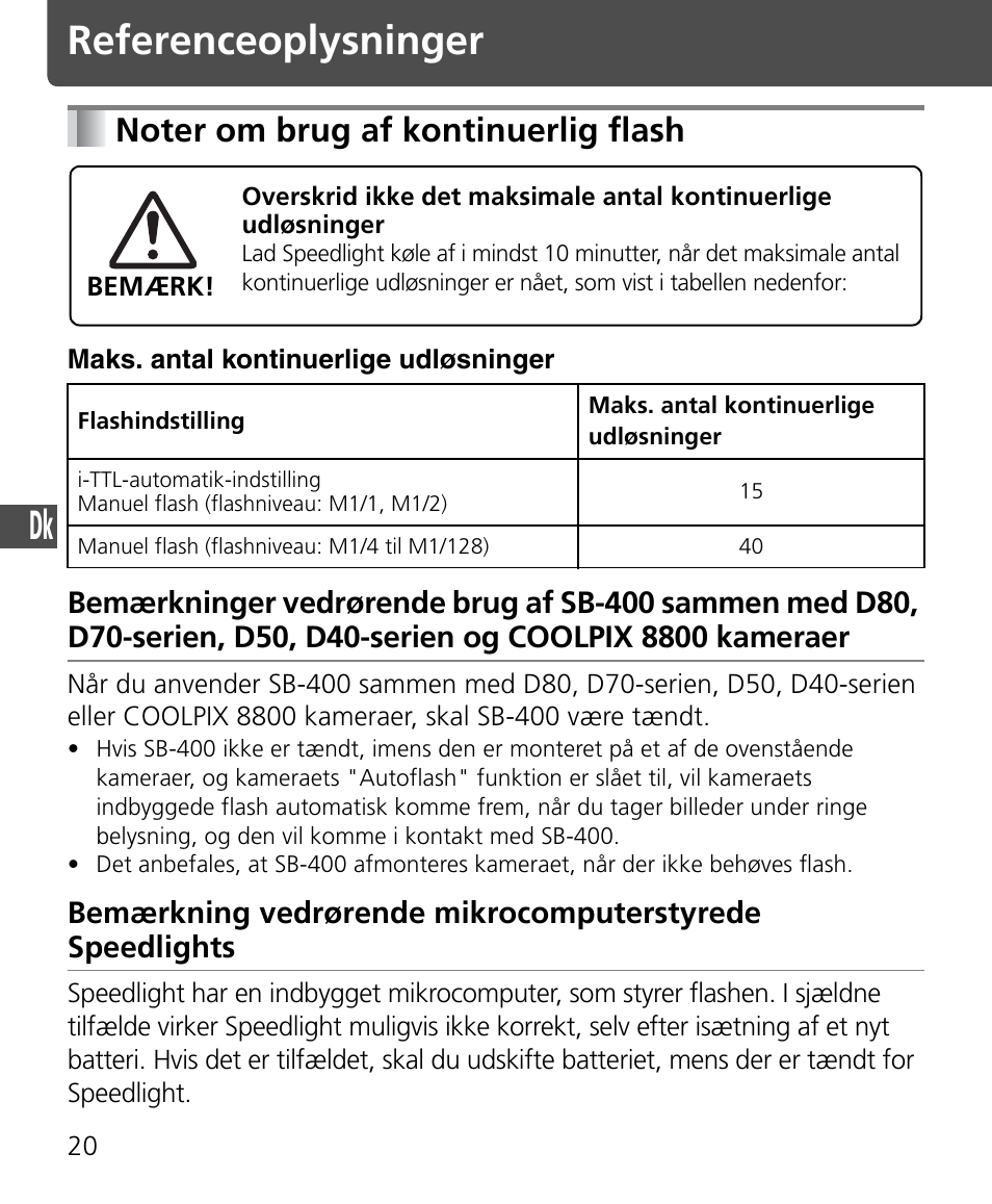 Noter om brug af kontinuerlig flash, Referenceoplysninger | Nikon Speedlite SB-400 User Manual | Page 141 / 218