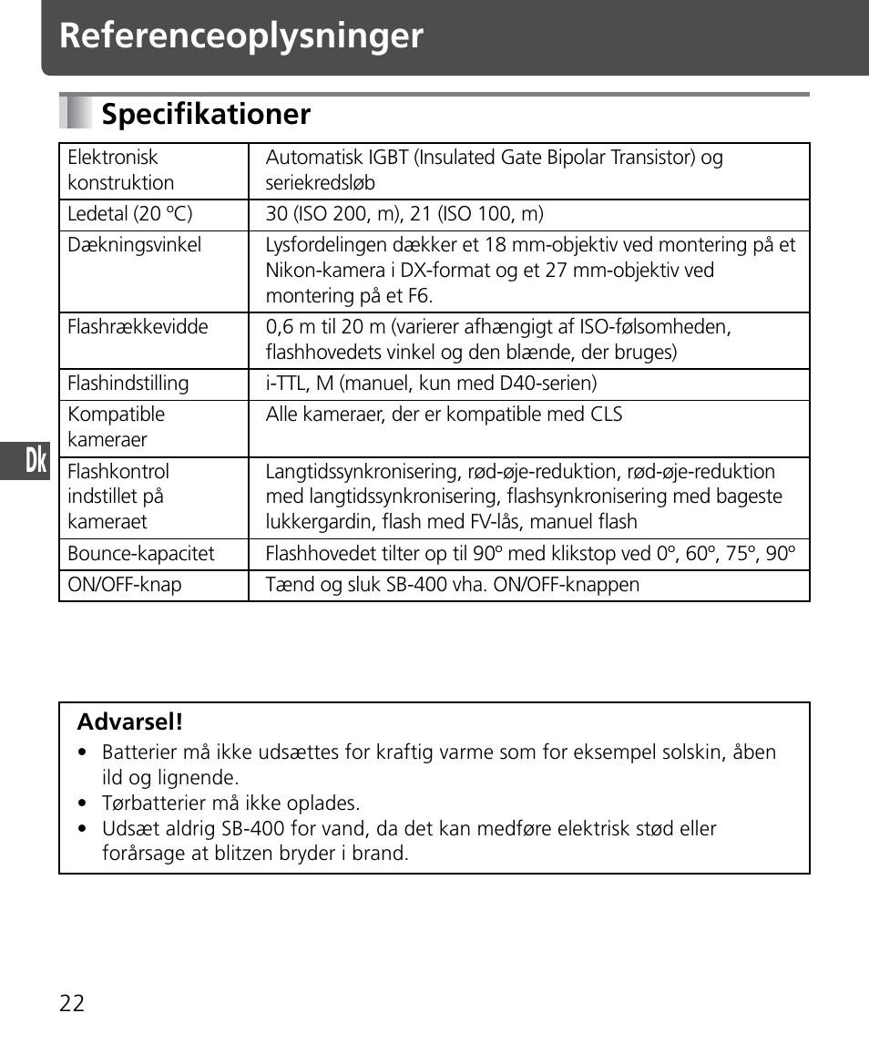 Referenceoplysninger, Specifikationer | Nikon Speedlite SB-400 User Manual | Page 143 / 218