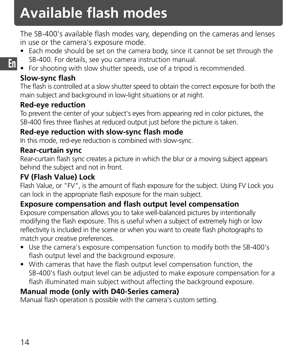 Available flash modes | Nikon Speedlite SB-400 User Manual | Page 15 / 218