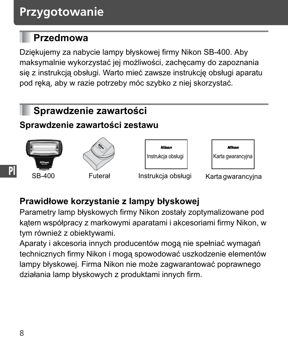 Przygotowanie, Przedmowa, Sprawdzenie zawartości | Nikon Speedlite SB-400 User Manual | Page 153 / 218
