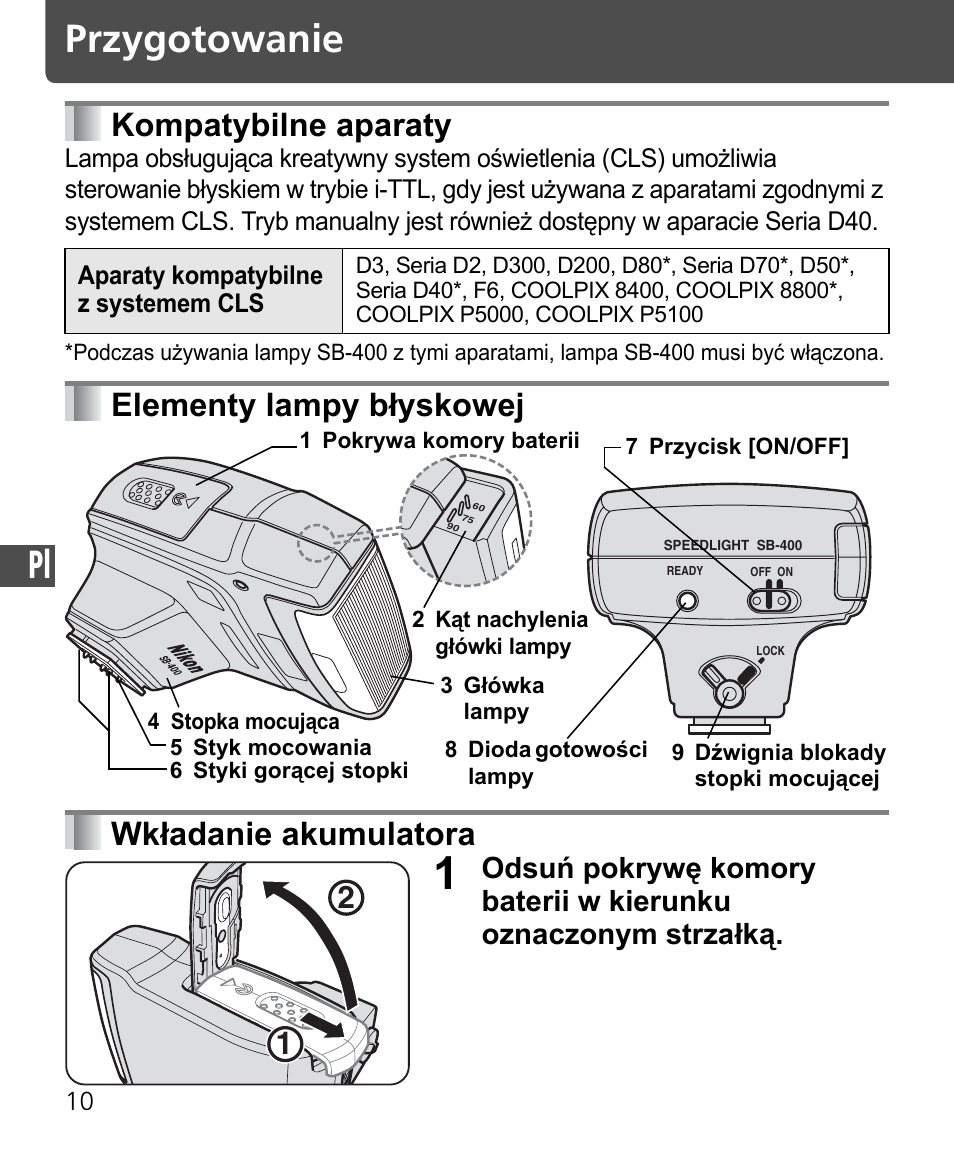 Przygotowanie, Kompatybilne aparaty, Elementy lampy błyskowej wkładanie akumulatora | Nikon Speedlite SB-400 User Manual | Page 155 / 218